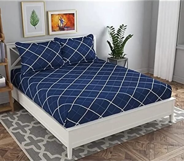 Luxrious Grey Line Elastic Fitted Blue Glace Cotton Queen Size Double bedsheet with 2 Pillow Covers - 200TC