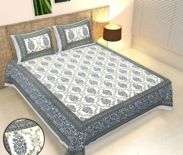 Cotton Fabric Boota Printed hand Block Design King Size Bedsheet With Two Pillow Covers(Grey)