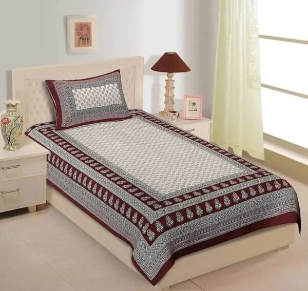 Cotton 144 TC Maroon Jaipuri Printed Bedsheet With 1 Pillow Cover