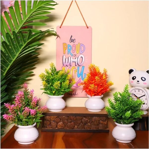 Artificial Plants trees flowers Modo Set of 4 Artificial Plants with Plastic Pot| Table Top Decorative Indoor Plants for Office Desks & Counters_Set of 4 (Multicolor, 14 CM)